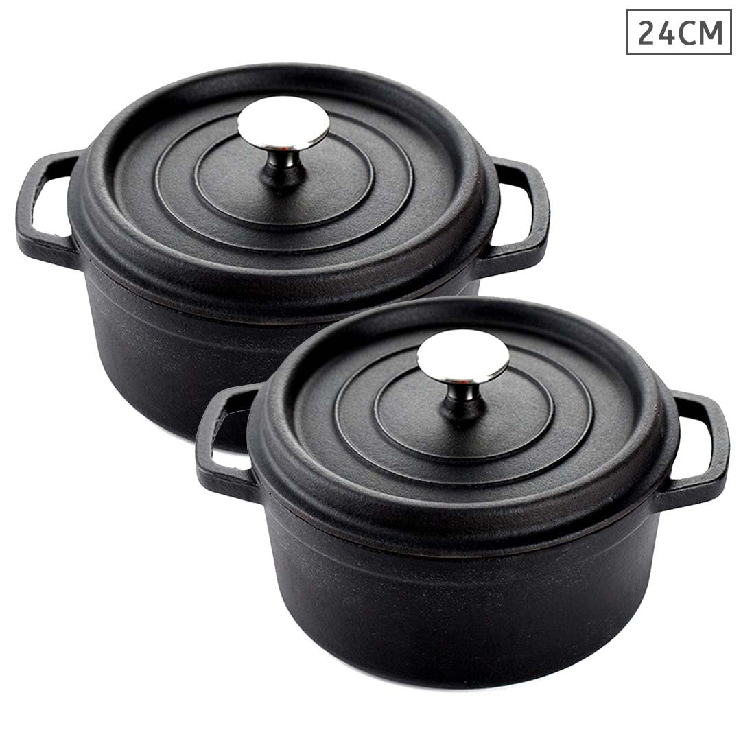 NNEAGS 2X Cast Iron 24cm Stewpot Casserole Stew Cooking Pot With Lid Black