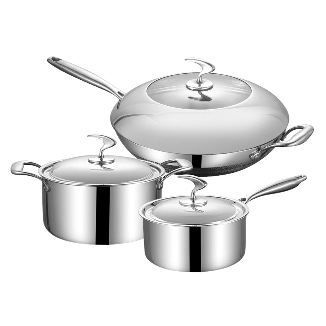 NNEAGS 6 Piece Cookware Set 18/10 Stainless Steel 3-Ply Frying Pan, Milk, and Soup Pot with Lid