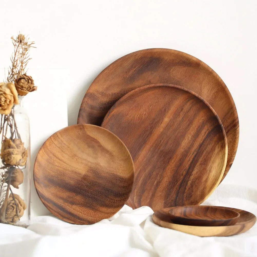 A Variety Of Acacia Solid Wood Round Dishes Unpainted Wooden Dishes