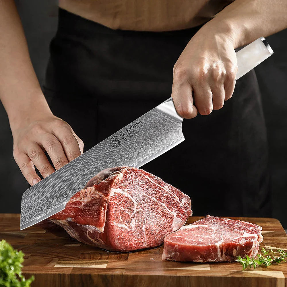 NNEOBA 8.5-Inch Damascus Steel Chef Knife 67-Layer Blade with Resin Handle White