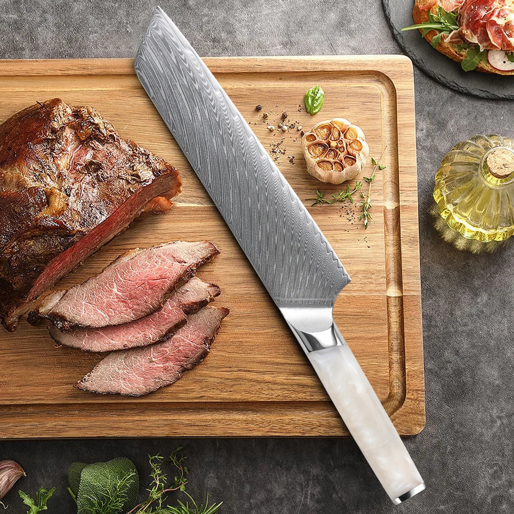 NNEOBA 8.5-Inch Damascus Steel Chef Knife 67-Layer Blade with Resin Handle White