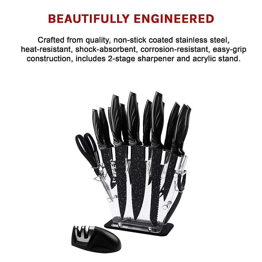NNEDSZ Kitchen 17 Pc Knife Set w/ Block & Sharpener Chef Bread Steak Knives