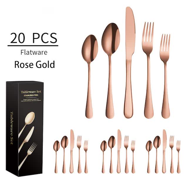 NNEDSZ Rose Gold 410 Stainless Steel Cutlery Set - Western Steak Knife, Fork & Spoon Set, 4 Set/20-Piece Dinnerware Set