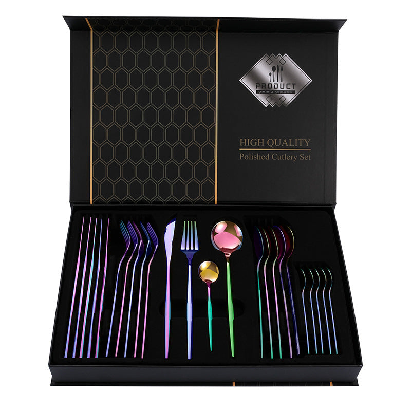 NNEDSZ Colorful Color Premium 24-Piece Stainless Steel Cutlery Set - Elegant Golden Steak Knife, Fork, and Spoon Set in Luxury Gift Box