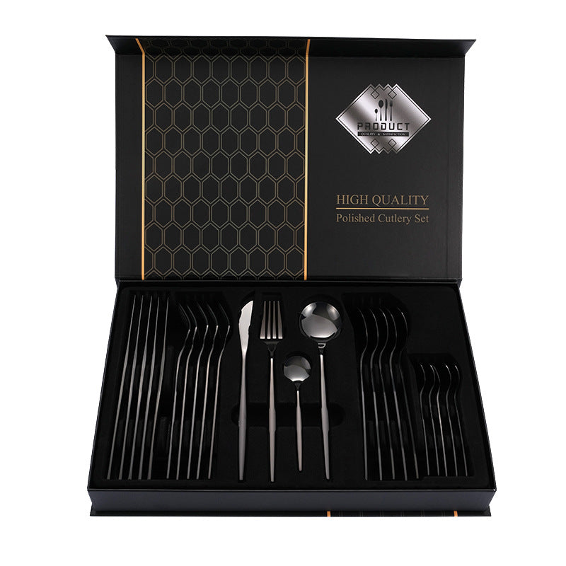 NNEDSZ Black Color Premium 24-Piece Stainless Steel Cutlery Set - Elegant Golden Steak Knife, Fork, and Spoon Set in Luxury Gift Box