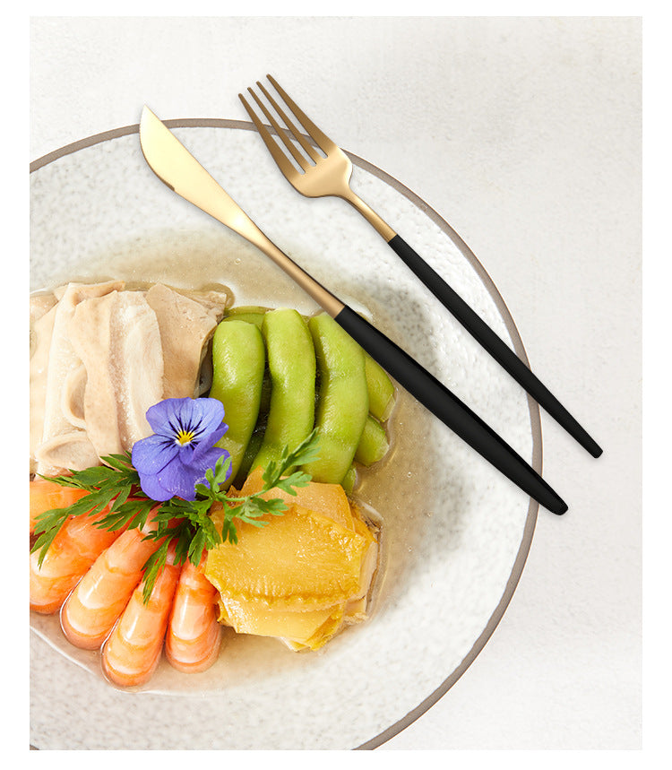 NNEDSZ Black Color Premium 24-Piece Stainless Steel Cutlery Set - Elegant Golden Steak Knife, Fork, and Spoon Set in Luxury Gift Box