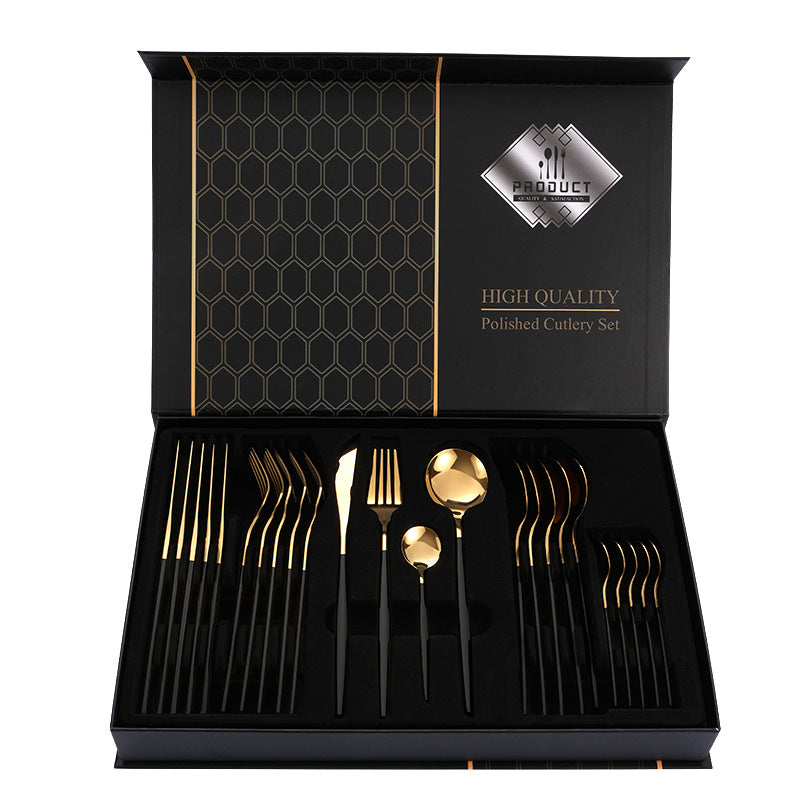 NNEDSZ Red Gold Color Premium 24-Piece Stainless Steel Cutlery Set - Elegant Golden Steak Knife, Fork, and Spoon Set in Luxury Gift Box