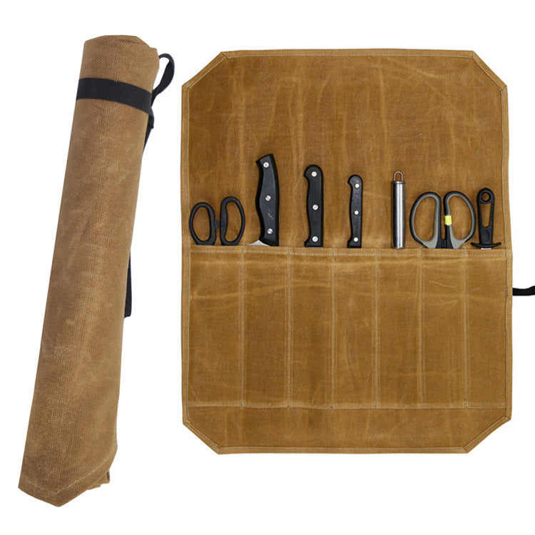 NNEDSZ Beige Durable Waxed Canvas Knife Roll Bag - Portable Chef Tool Organizer