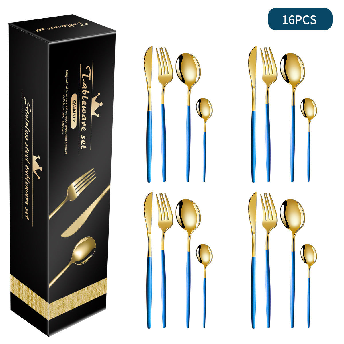 NNEDSZ Blue And Gold Patchwork Colours 410 Stainless Steel 16-Piece Flatware Set - Elegant Dinnerware with Knife, Fork, Spoon for 4 People