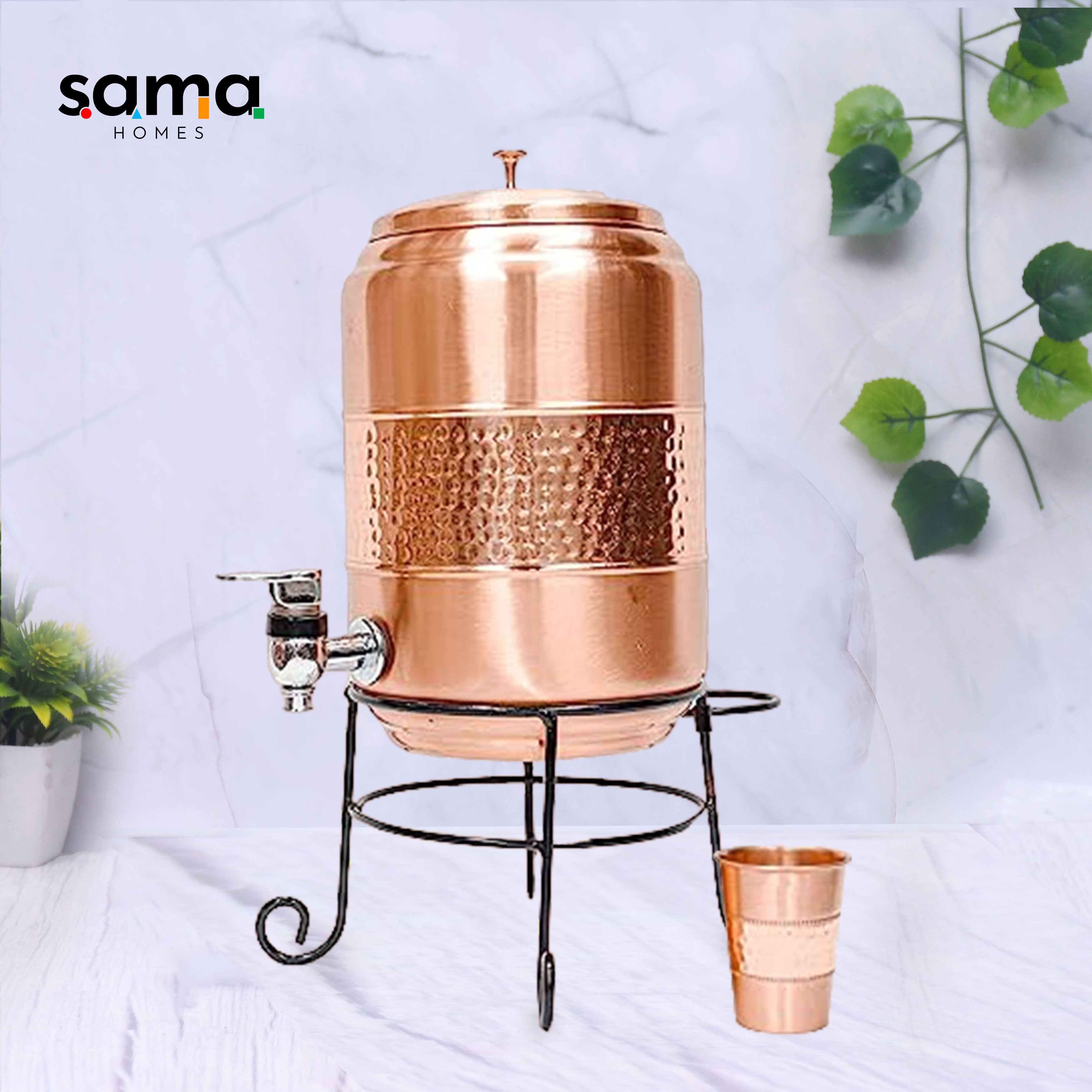 Pure Copper Half Hammered Water Dispenser with Glass and Stand (Matka) Combo 5000ml