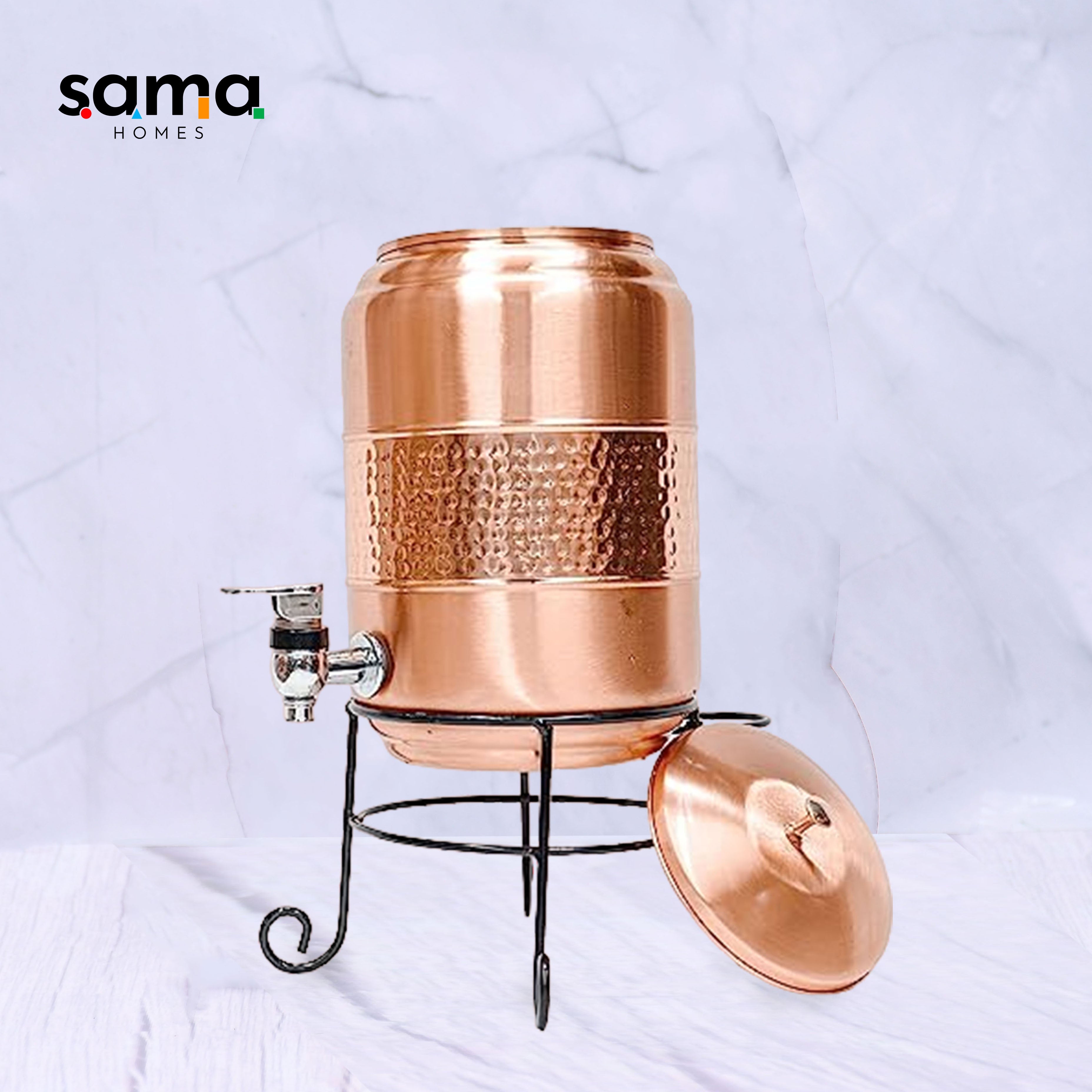 Pure Copper Half Hammered Water Dispenser with Glass and Stand (Matka) Combo 5000ml