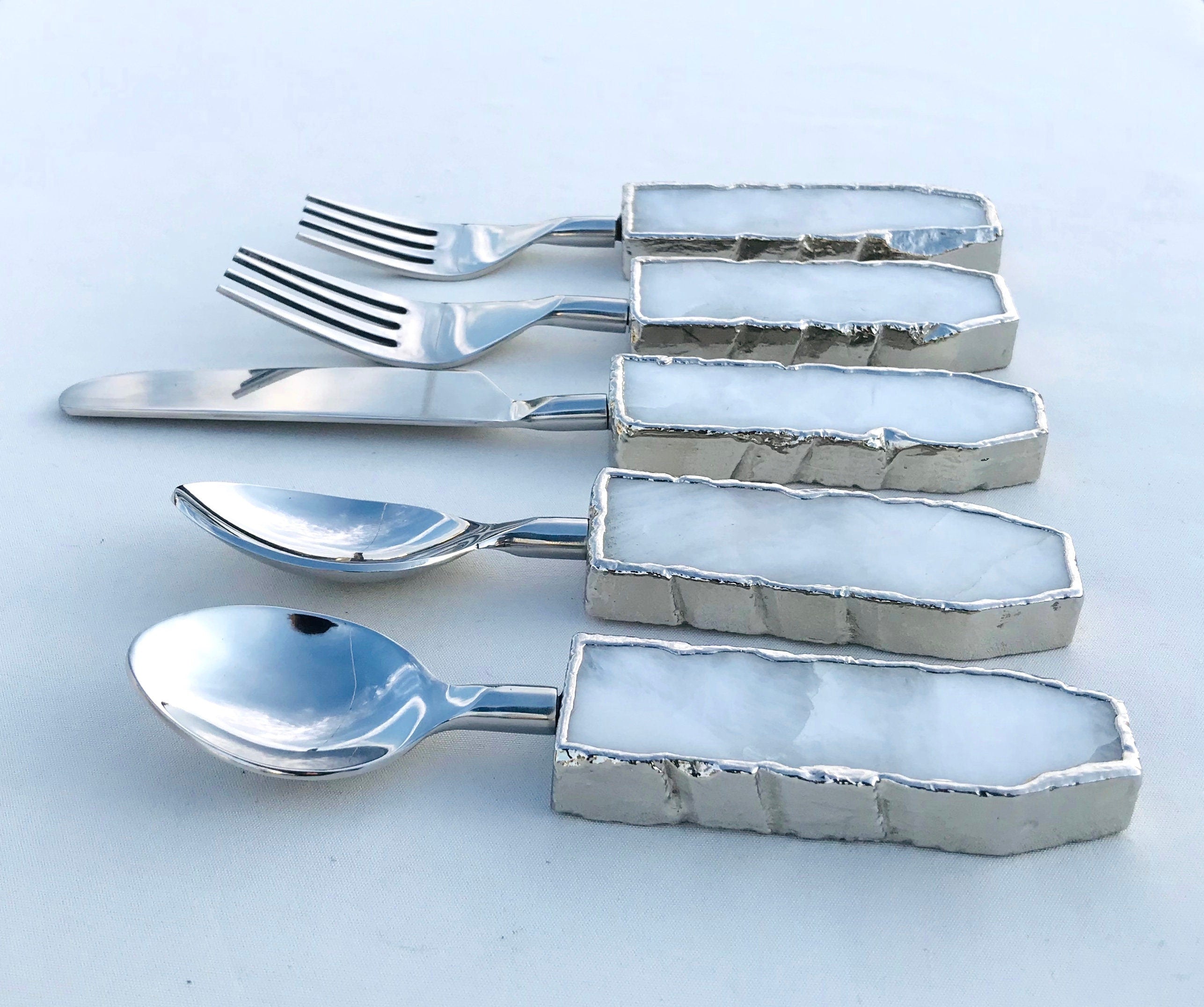 Set of 5 Pieces White Agate Cutlery - Forks/Spoons/Knife