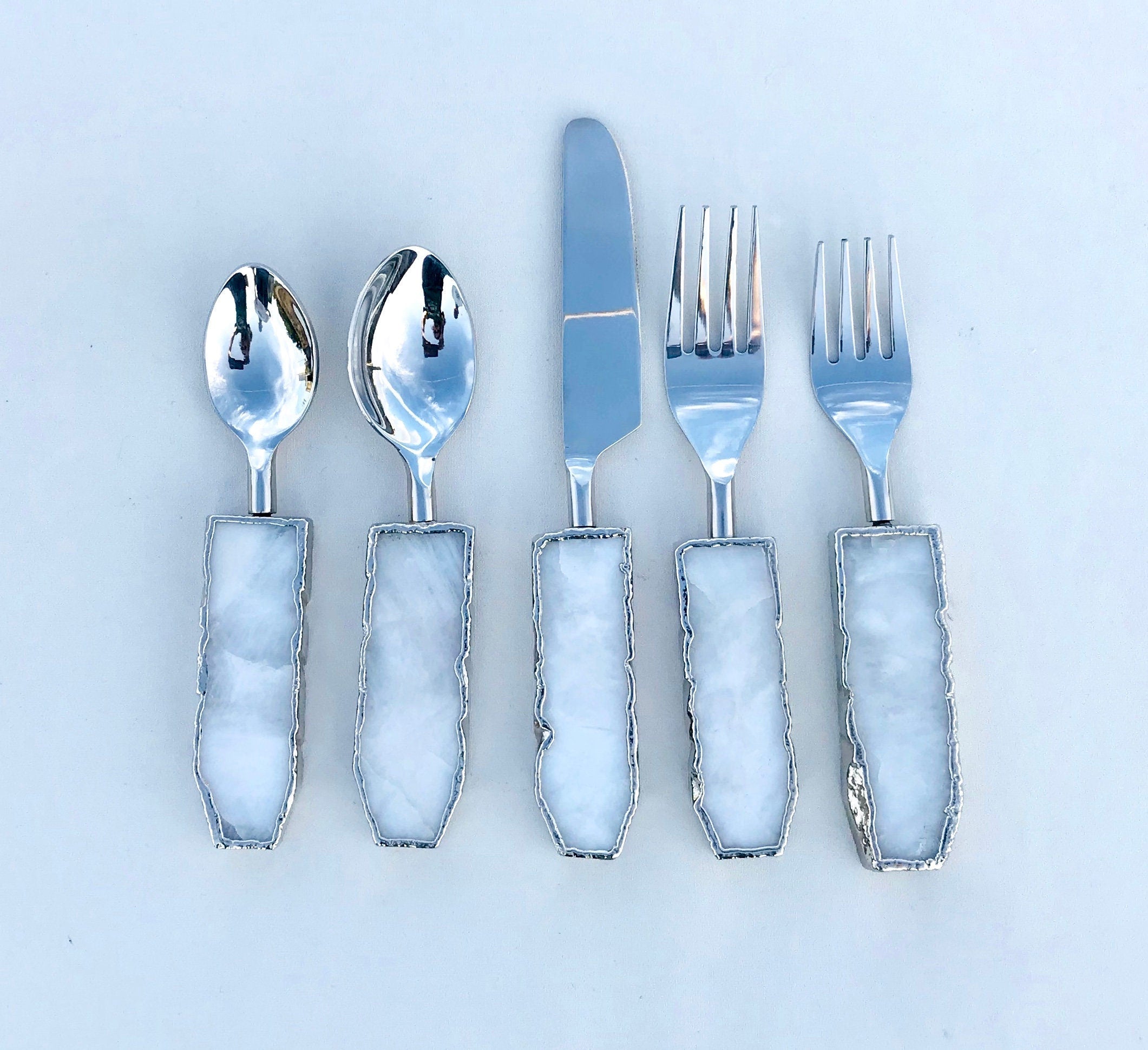 Set of 5 Pieces White Agate Cutlery - Forks/Spoons/Knife